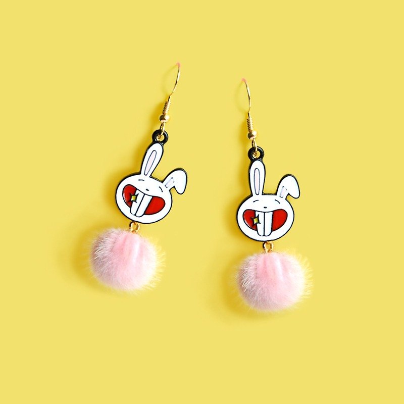 Laughing rabbit cute plush ball earrings ear clip Christmas exchange gifts - Earrings & Clip-ons - Other Metals Pink