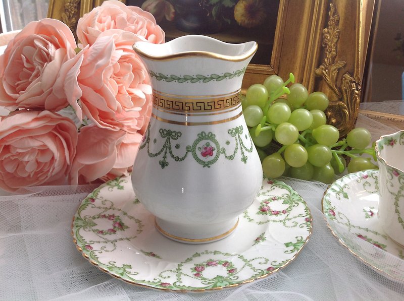 ♥ ♥ Annie crazy Antiquities British bone china hand-painted rose during 1900 Weiduoliya bow medium-sized vases, tableware storage bucket, pen - ตกแต่งต้นไม้ - ดินเผา สีเขียว