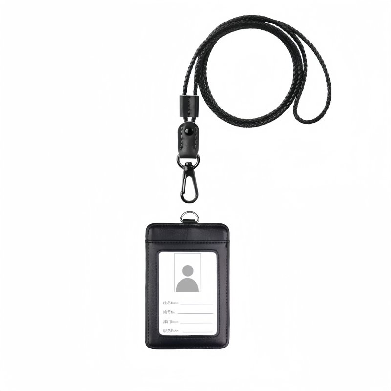 Document cover lanyard leather braided neck hanging work ID card ic card adjustable leisure card card holder - ที่ใส่บัตรคล้องคอ - หนังแท้ สีดำ