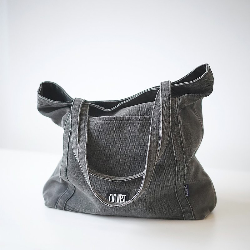 CATWEST original design canvas bag large capacity retro gray tote bag commuter college style shoulder bag - กระเป๋าแมสเซนเจอร์ - ผ้าฝ้าย/ผ้าลินิน สีเทา