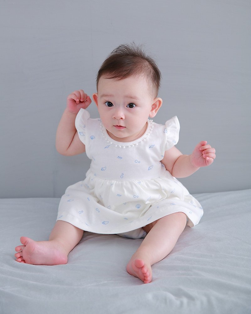 【Deux Filles有機棉】藍色貝殼洋裝包屁衣 12-18月 - 嬰兒連身衣/包被/包巾 - 棉．麻 白色