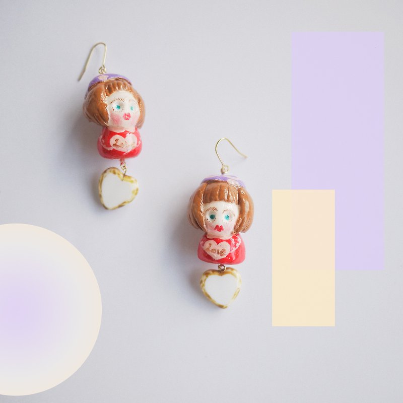 Japanese clay hand-made dessert girl earrings ear hooks - ต่างหู - ดินเหนียว สีแดง