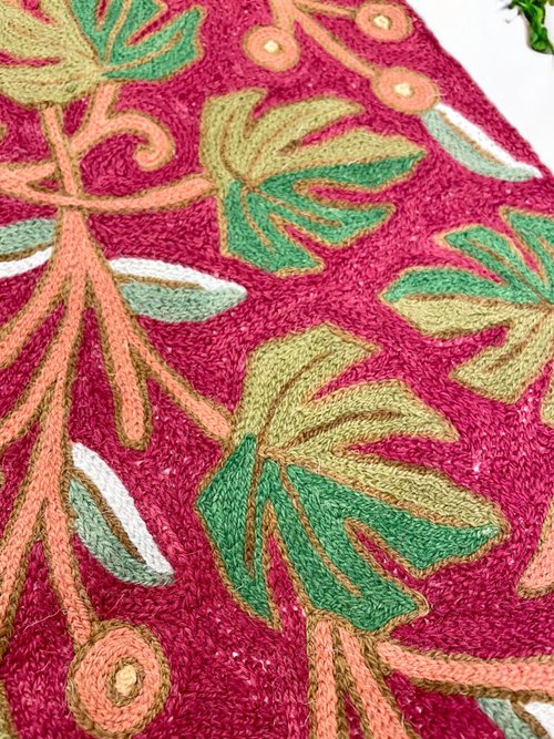 インドアンティーク刺繍敷物 インドカシミール手刺繍スモールウール歩道敷物壁掛け154x30