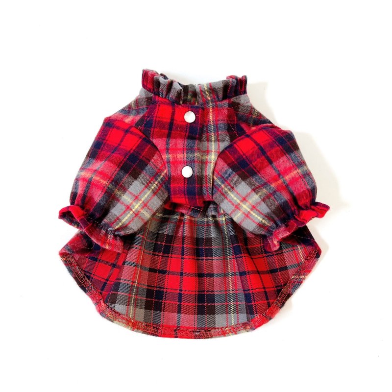 Dog Wear・Brushed Tartan Check Gathered Blouse - ชุดสัตว์เลี้ยง - ผ้าฝ้าย/ผ้าลินิน สีแดง