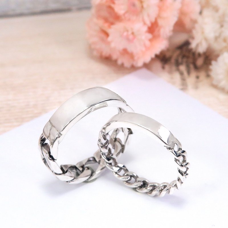 Heart Link Chain Ring Series Pair Rings Plain Sterling Silver Rings (Pair) - แหวนคู่ - เงินแท้ สีเงิน