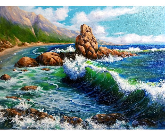波のある海の風景を描きます。大きな油絵。サイズ60cm×80cm。ウォール