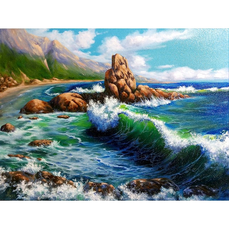 波のある海の風景を描きます。大きな油絵。サイズ60cm×80cm。ウォールアート。 - ポスター・絵 - その他の素材 ブルー