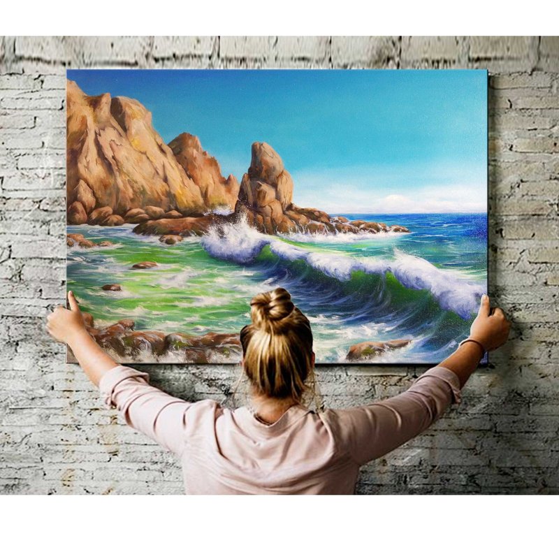 Painting Seascape with a wave. A large oil painting. size 60cm x 80cm Handmade. - โปสเตอร์ - ผ้าฝ้าย/ผ้าลินิน สีน้ำเงิน