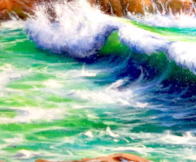 波のある海の風景画。大きな油絵。サイズ 60cm x 80cm