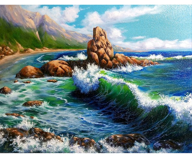 这幅画是一幅透明波浪的海景. 一幅大型油画。 尺寸60厘米x80厘米- 設計 