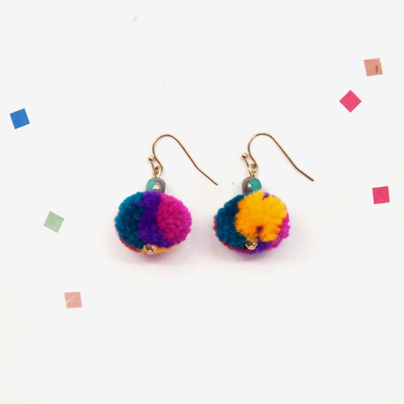Purple & Yellow Multi Pom Pom Earrings,Post Earrings, Clip On Earrings - ต่างหู - ขนแกะ หลากหลายสี