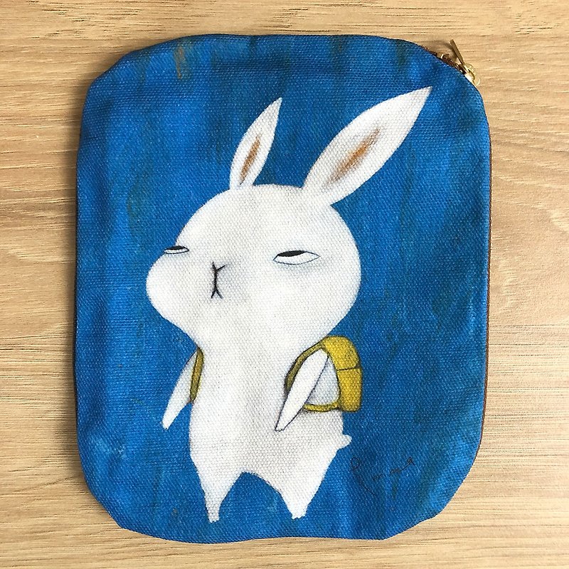 emmaAparty illustration packet: don't want to go to work rabbit - กระเป๋าเครื่องสำอาง - ผ้าฝ้าย/ผ้าลินิน สีน้ำเงิน