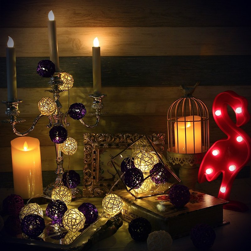 創意燈飾 籐球燈串 電池款 紫羅蘭 長度2M LED氣氛燈 聖誕節 - 燈具/燈飾 - 竹 紫色
