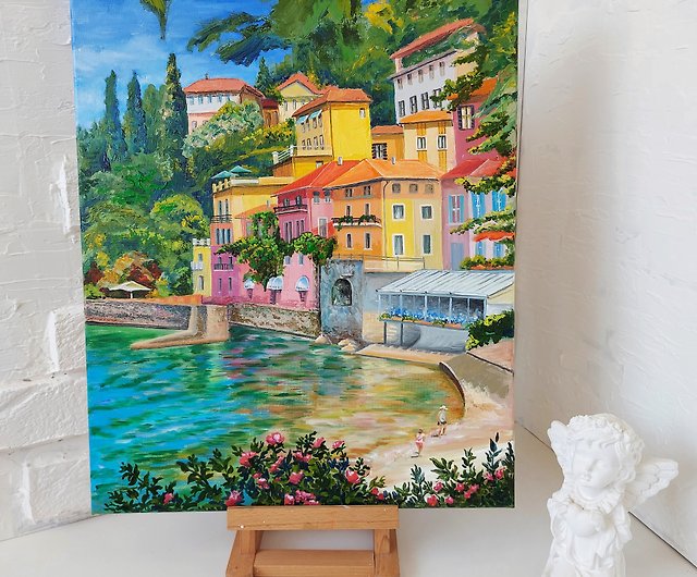 イタリア 油絵 地中海の風景 オリジナルアート 海辺の都市 ウォール 