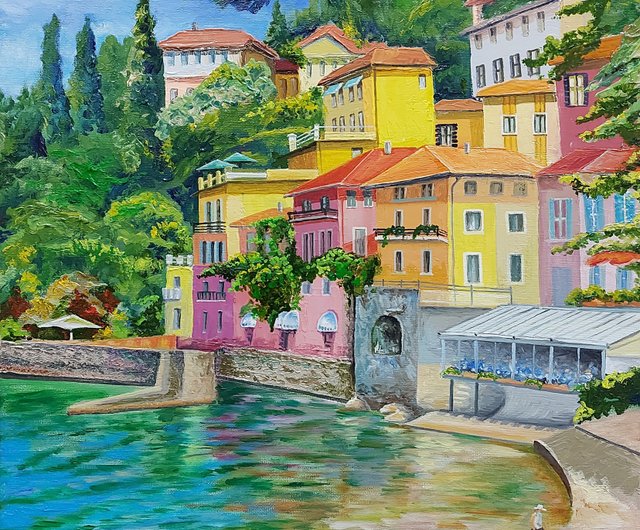 イタリア 油絵 地中海の風景 オリジナルアート 海辺の都市 ウォール