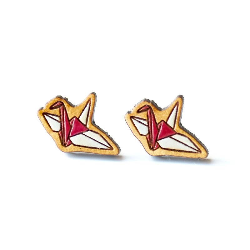 彩繪木耳環-希望之鶴 (紅) - 耳環/耳夾 - 木頭 紅色