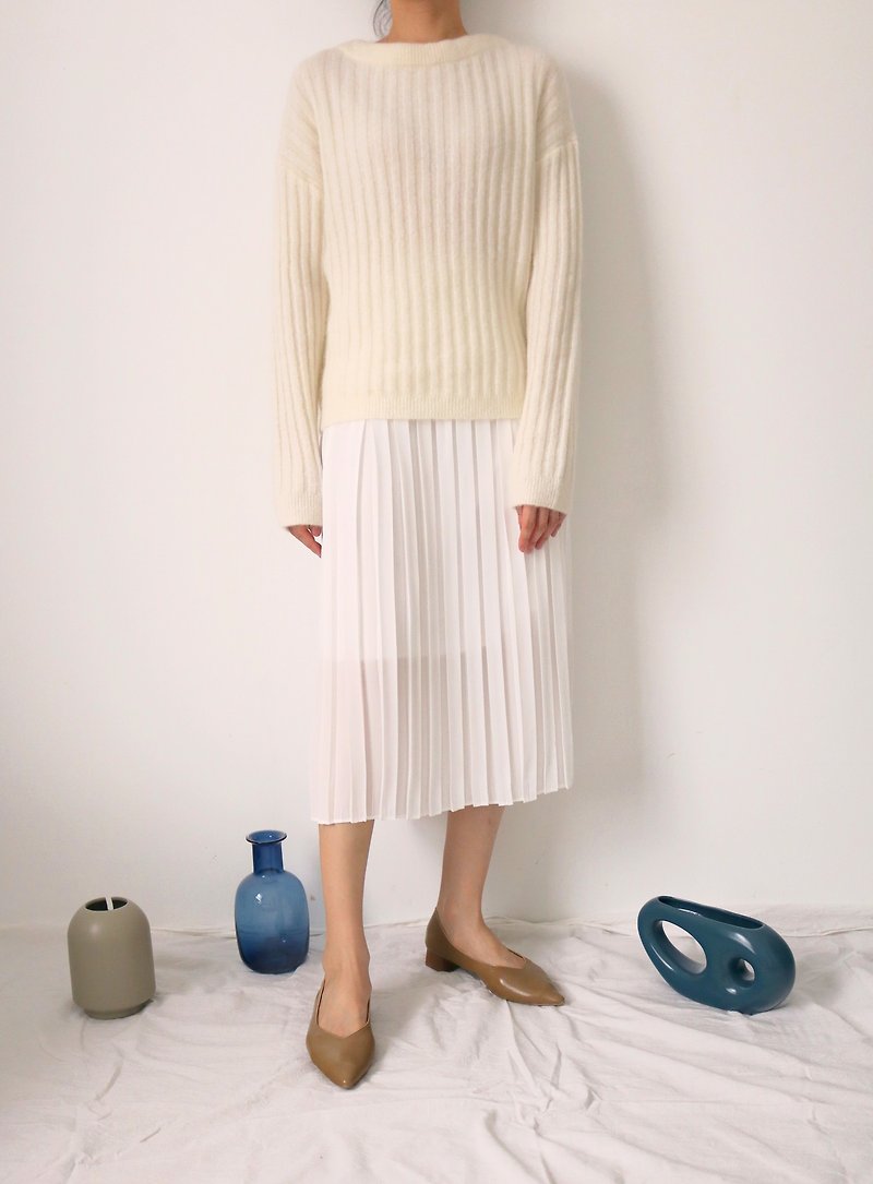 Cream Sweater Round Neck Rib Mohair Sweater Multicolor - สเวตเตอร์ผู้หญิง - ขนแกะ 