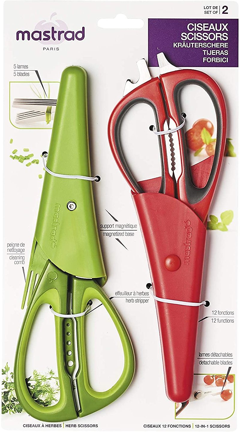 Mastrad F24152 SET OF 2 SCISSORS : MULTI FUNCTIONS RED + HERBS GREEN - Cookware - Stainless Steel Multicolor