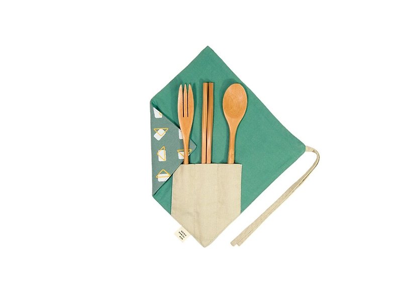 【一角筷套組】- 氣泡藍 - 刀/叉/湯匙/餐具組 - 棉．麻 綠色
