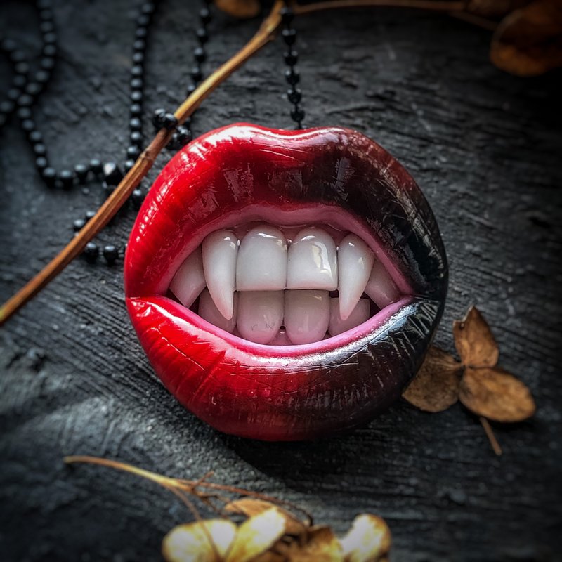 Pendant vampire lips, lips brooch, phone holder - Necklaces - Other Materials Red