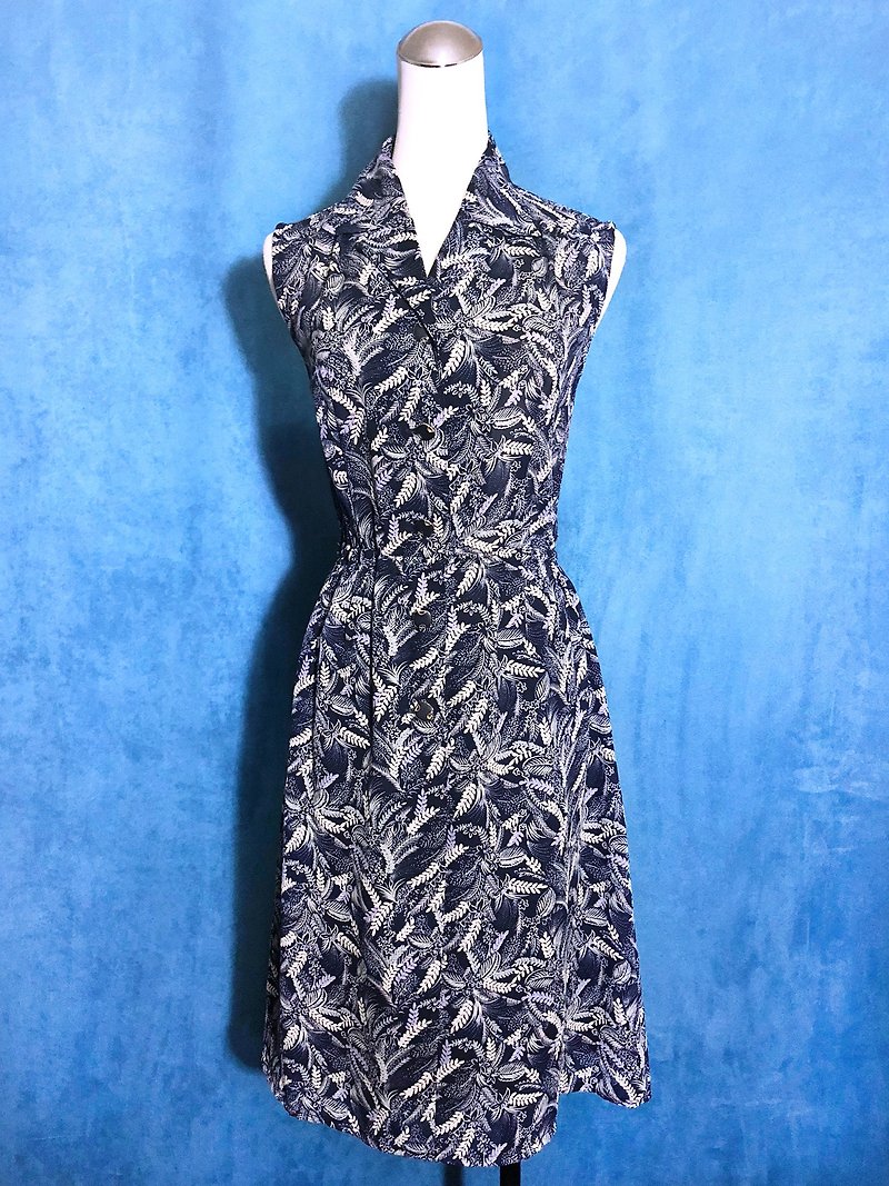 Leaf dark blue chiffon sleeveless vintage dress / abroad to bring back VINTAGE - One Piece Dresses - Polyester Blue