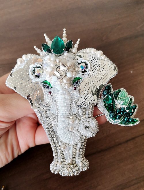 HappyShick White elephant jewelry brooch beaded, elephant brooch, elephant gifts