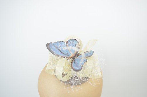 Elle Santos Fascinator Headpiece with Pastel Blue Butterfly, Ivory Sinamay and White Veil