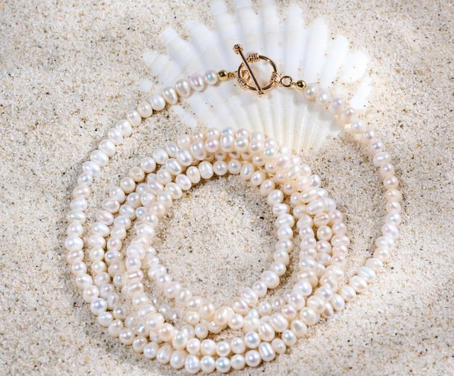 天然淡水真珠 5連 ホワイト ロングネックレス 全長さ100cm x2 天然淡水