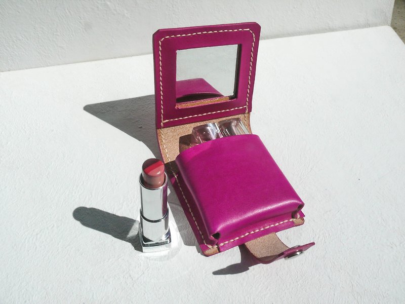 Non-colliding Peach tanned leather full leather lipstick box/lipstick bag/lipstick storage with built-in mirror - กระเป๋าเครื่องสำอาง - หนังแท้ สึชมพู