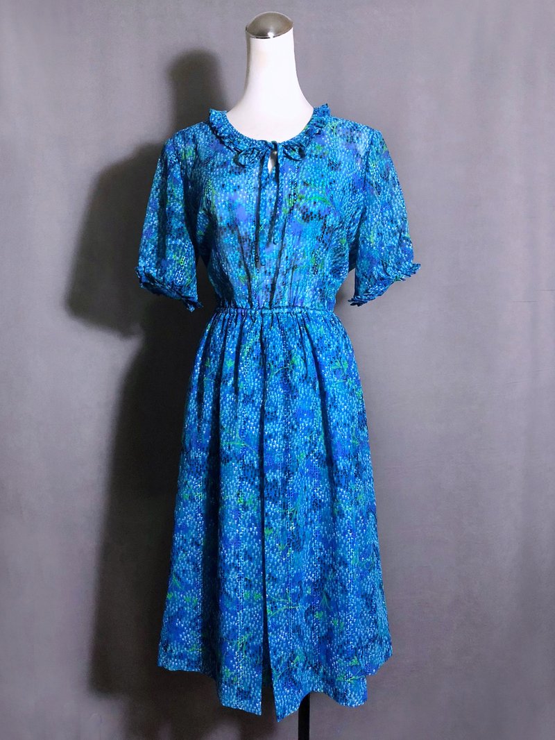 Blue embroidered light antique short-sleeved dress / bring back VINTAGE abroad - One Piece Dresses - Polyester Blue