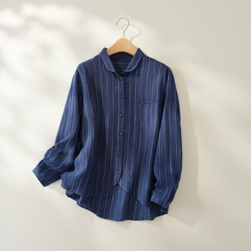 Striped Linen shirt in a variety of colors to enhance the seasonal mood Long sleeve shirt 100% Linen Deep blue 240926-2 - เสื้อผู้หญิง - ผ้าฝ้าย/ผ้าลินิน 