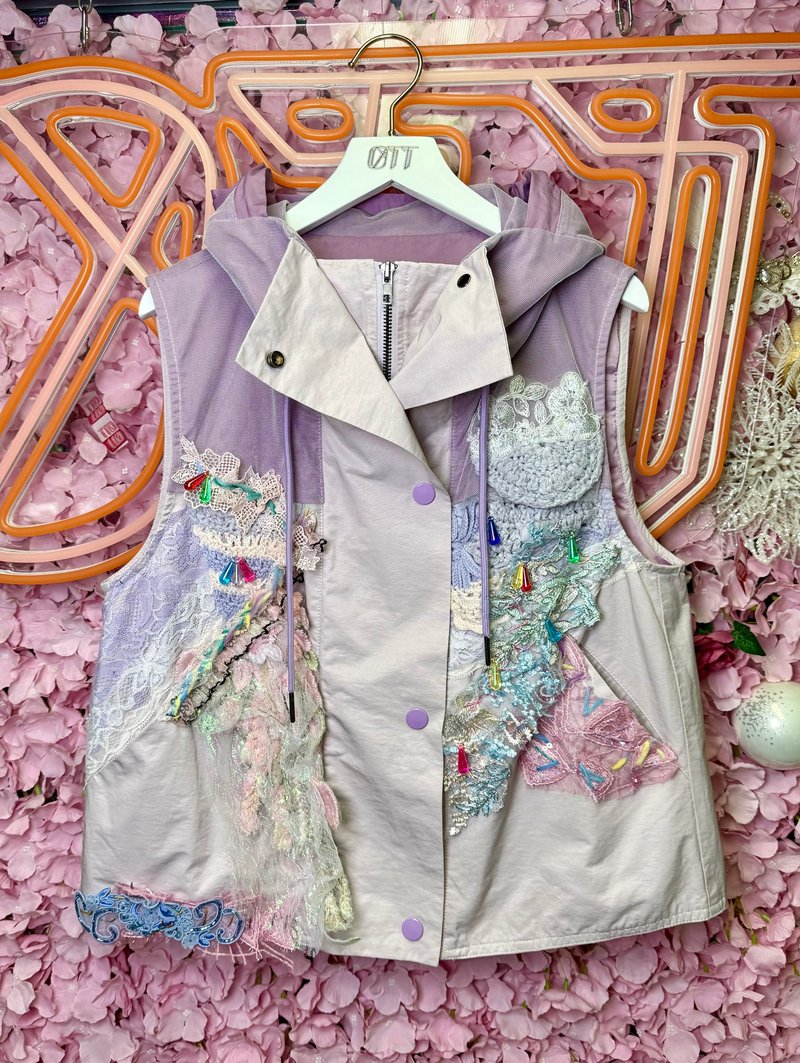 OTT Only One・Unique 日本風ピンクパープルオーロラ刺繍ビーズ手刺繍トレンチコート - ジャケット - コットン・麻 ピンク