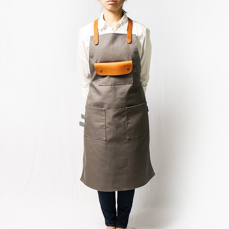 Brown leather full-body work aprons (collar type) professional apron overalls many staff designated brand store warranty (gray-green) - ผ้ากันเปื้อน - หนังแท้ 