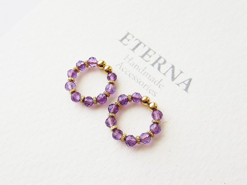 Amethyst and metal beads, tiny hoop earrings 夾式耳環 - Earrings & Clip-ons - Stone Purple