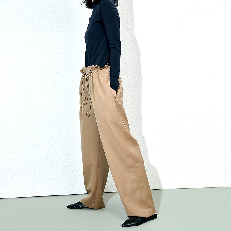 Hago GAOGUO original design women's 18 new wool khaki drawstring loose silhouette trousers casual pants - กางเกงขายาว - ขนแกะ สีกากี