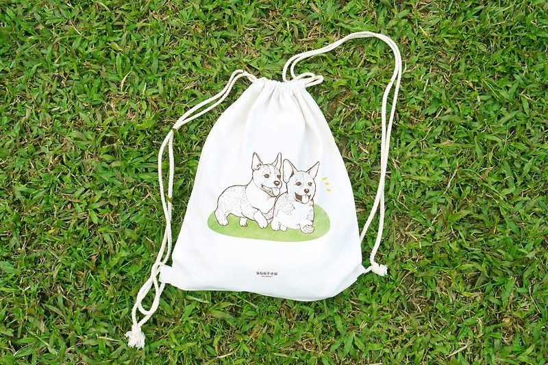 【Animal Series】#2 Corgi Bros Draw-string bag - Drawstring Bags - Other Materials White