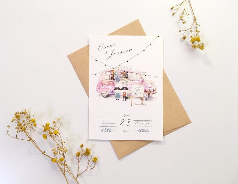 Travel together to the end of the world illustration wedding invitation/invitation card-pink simple public version/custom - การ์ดงานแต่ง - กระดาษ สึชมพู