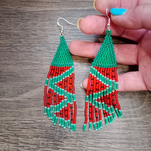 White Bird gallery of exquisite jewelry from Halyna Nalyvaiko Long beaded fringe earrings watermelon Long beaded Boho earrings Long fringe Hui