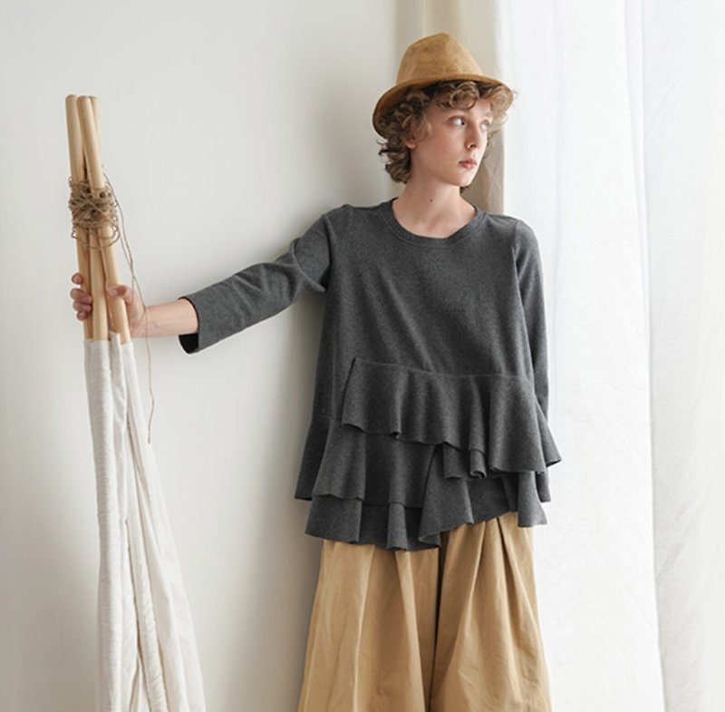 Dark gray irregular hem long sleeve top - imakokoni - เสื้อผู้หญิง - ผ้าฝ้าย/ผ้าลินิน สีเทา