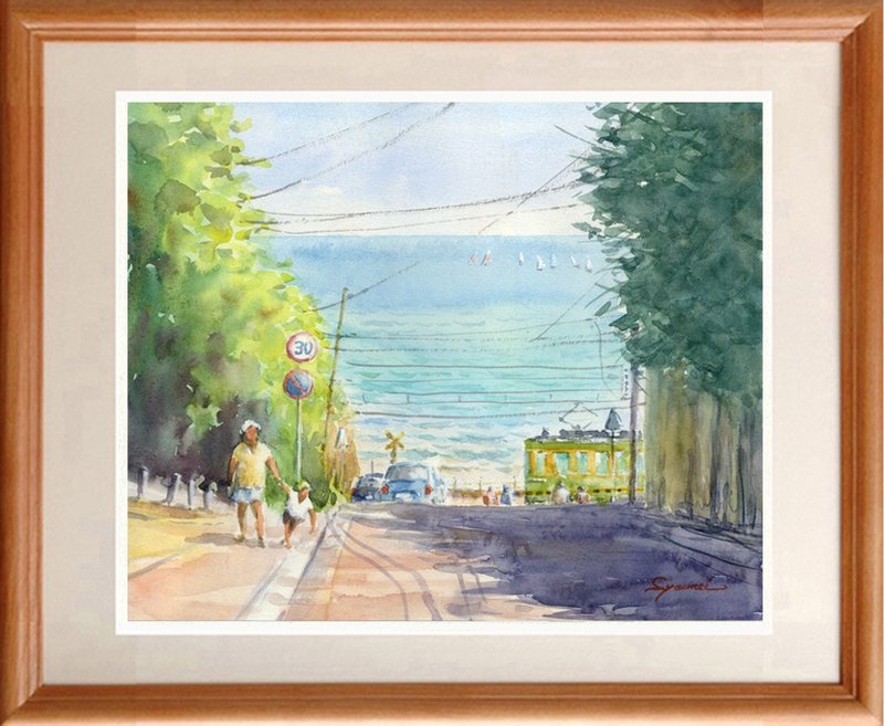 受注制作します　江ノ電と海の見える坂道 - 海報/掛畫/掛布 - 紙 綠色