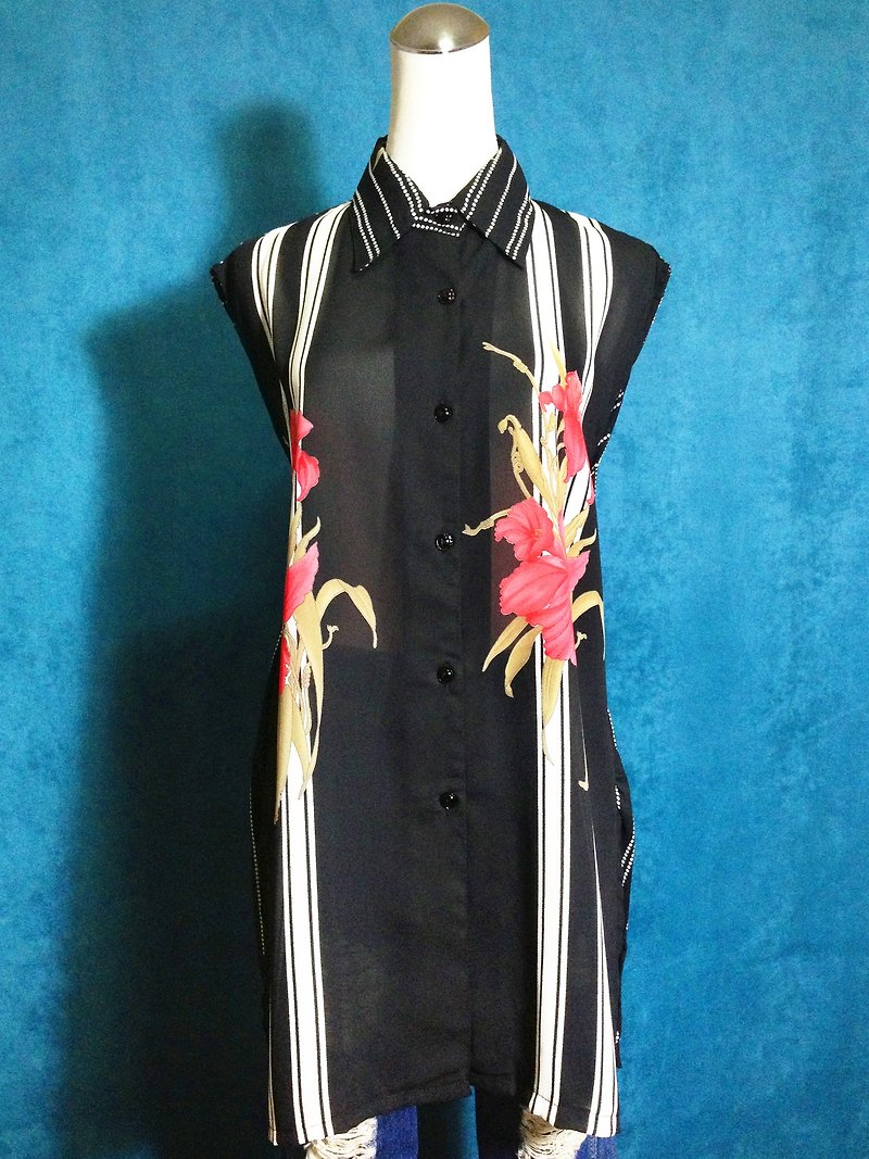 Ping-pong vintage [vintage shirt / striped flowers long chiffon vintage sleeveless shirt / blouse] abroad back VINTAGE - Women's Shirts - Polyester Black