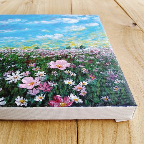 野生の菊】オリジナルアクリル画。空の春の花の風景です