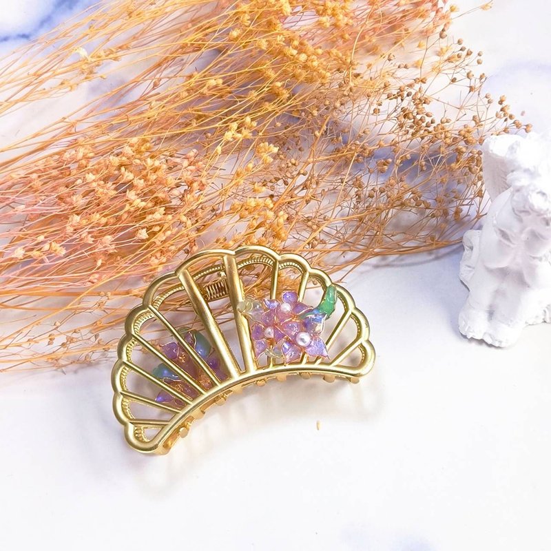 好質感雙面霧紫色繡球花金屬貝殼鯊魚夾 時尚寶石膠樹脂髮夾 - 髮夾/髮圈 - 其他金屬 紫色