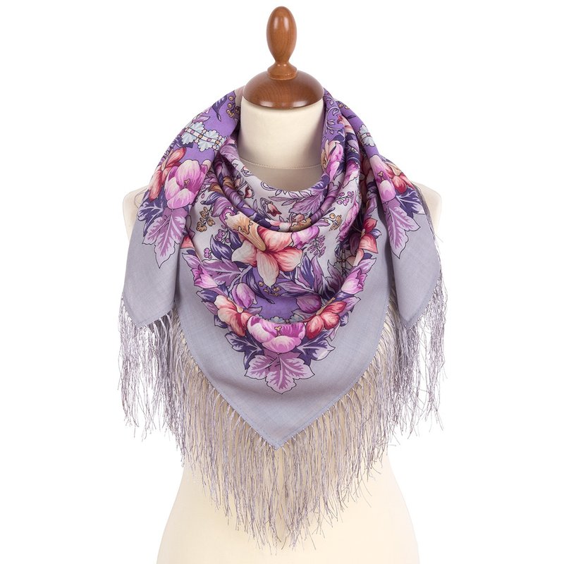Authentic Pavlovo Posad Russian Shawl Scarf Soft 100% Wool 89x89 cm 1994-1 - 絲巾 - 羊毛 灰色