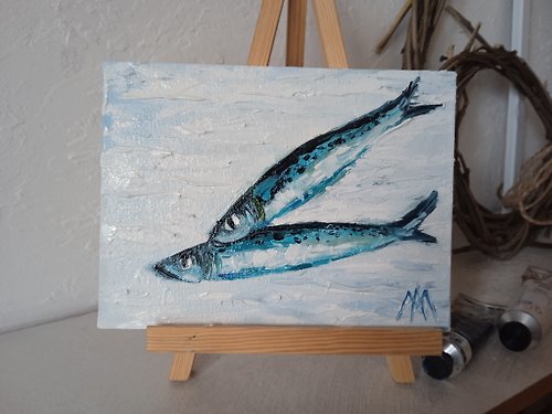 AboutART Fish Painting Original Art Sardines Wall Art Fish artwork 15*20cm Oil Painting