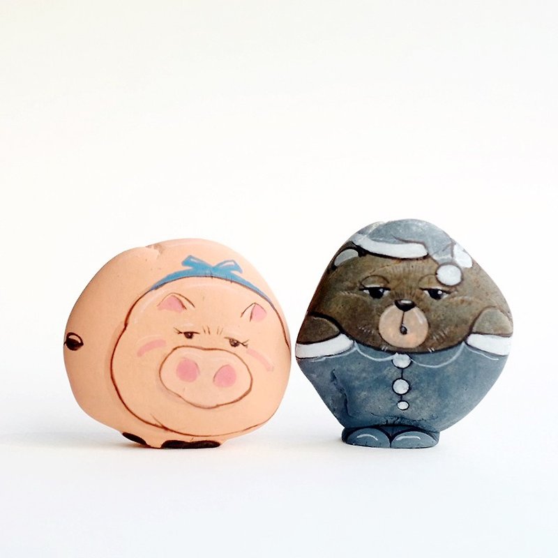 Pig and Bear stone painting.Original art, Acrylic painting. - Stuffed Dolls & Figurines - Stone Pink