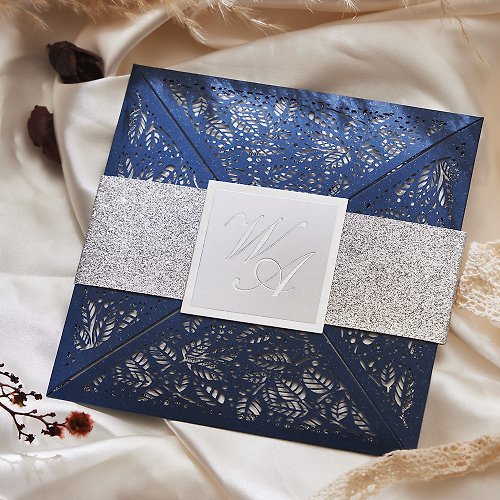 百美紙品設計 貴族饗宴-貴族藍窗形大四方雷雕喜帖