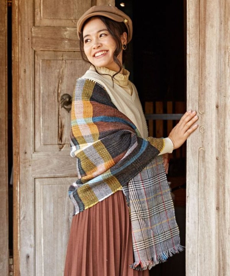 [Popular pre-order] Retro double-sided classic mixed plaid shawl scarf (2 colors) LCOP0312 - ผ้าพันคอถัก - วัสดุอื่นๆ หลากหลายสี