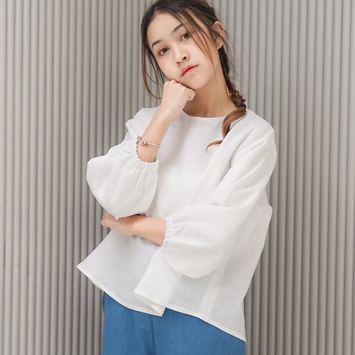 Candith Natural Linen Shirt Minimal Blouse Four - Quarter Sleeves Blouse - White