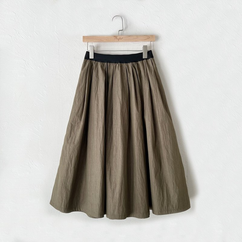 Mignon Elastic Waist Over Knee Fold Over Skirt (Cocoa Green) - Skirts - Other Materials 